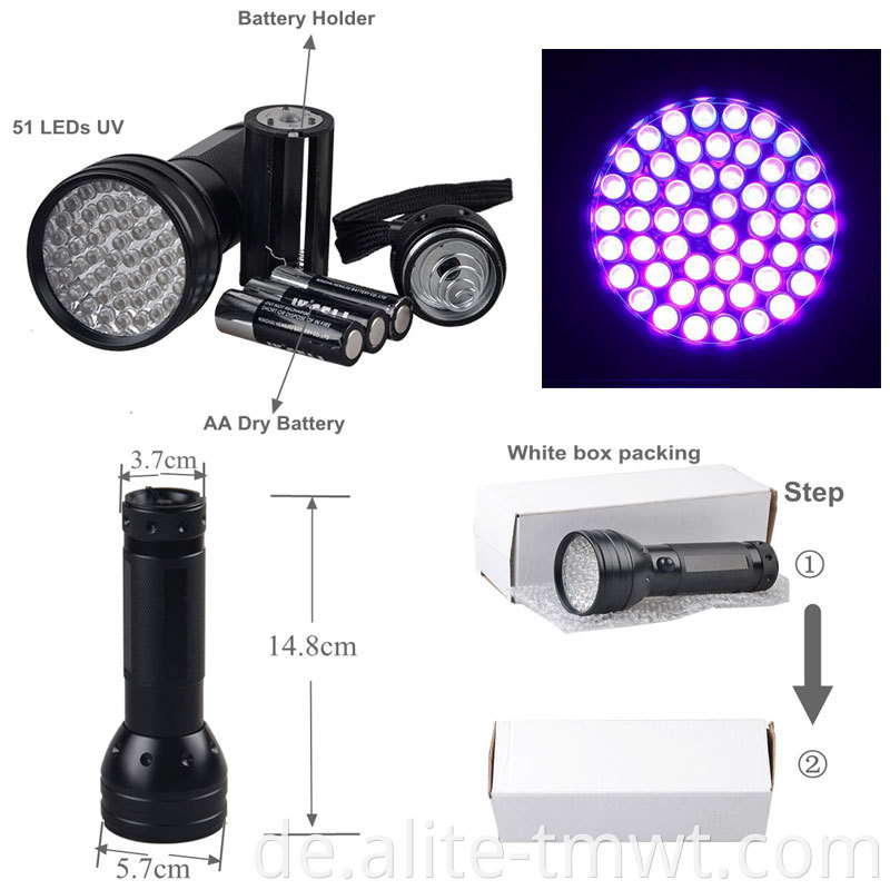 Heiße schwarze leichte Laterne -Hand gehalten ultraviolett 395 nm 51 LED UV -Torch